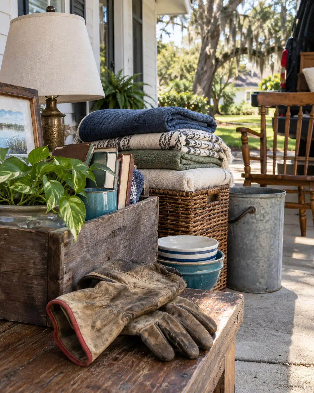 Work gloves and household items staged for removal in Southeast Texas