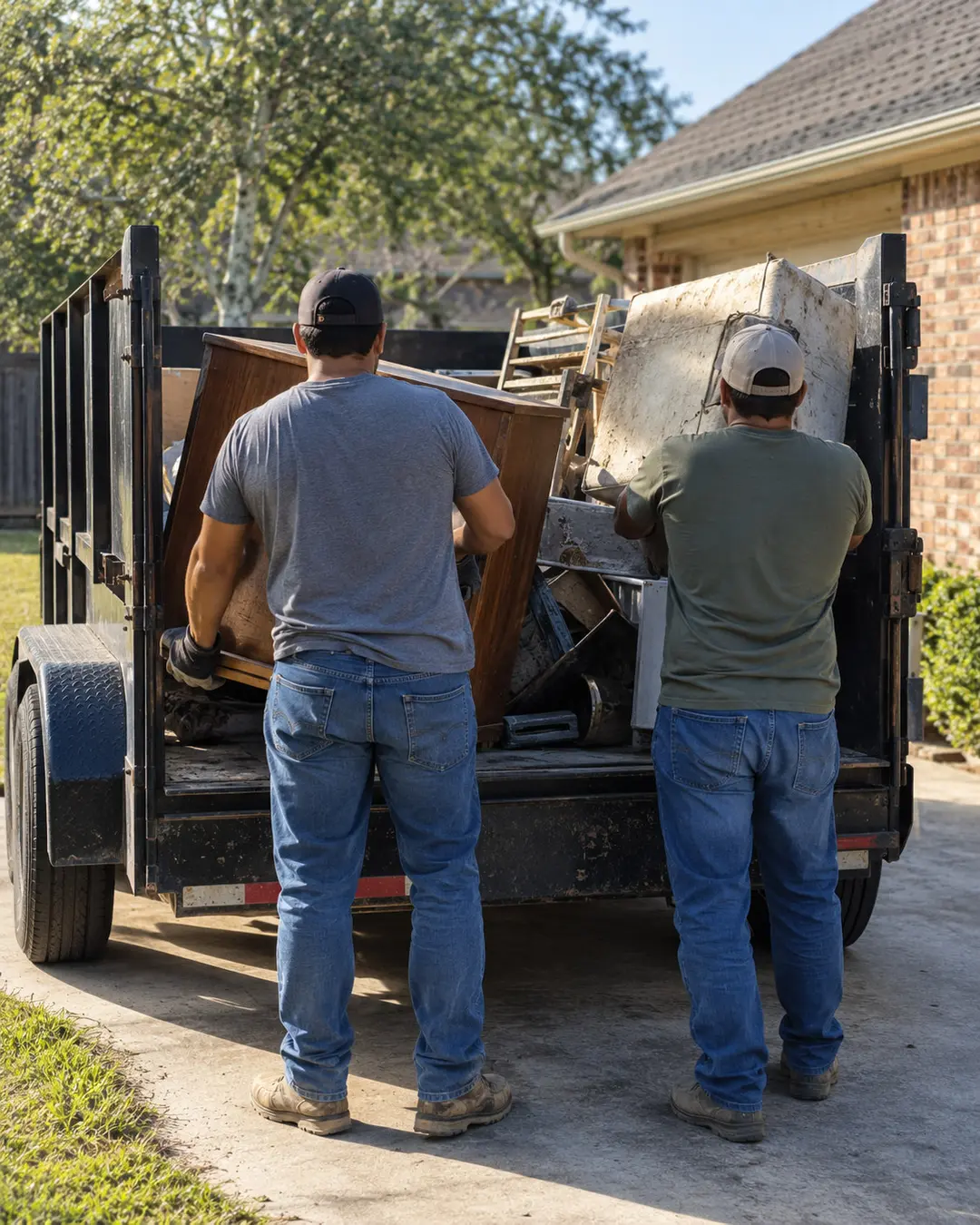 Illustrative image of two anonymous workers beside an unbranded trailer