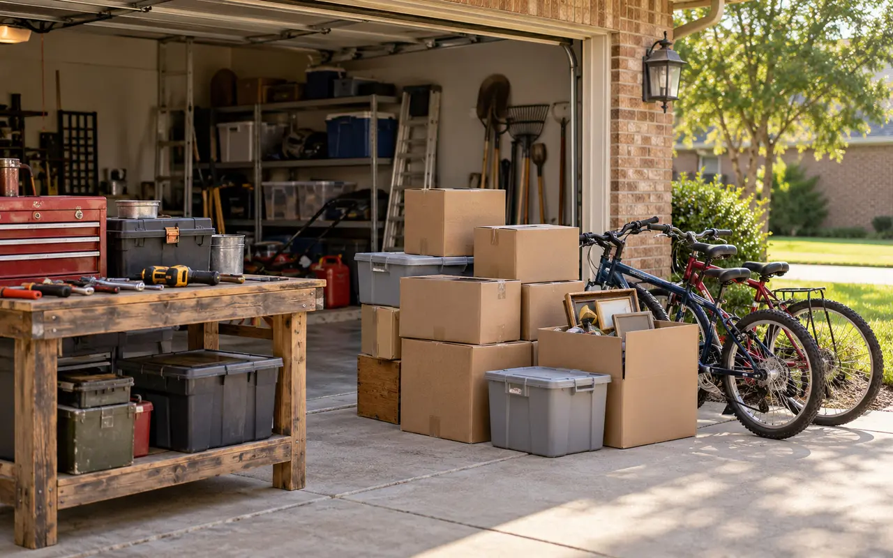 garage clutter staged for removal in Southeast Texas
