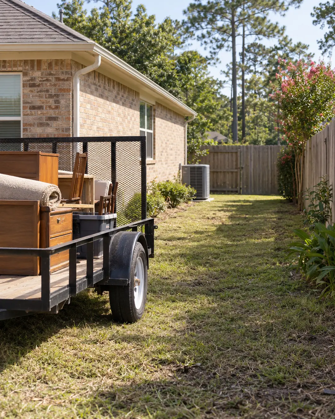 Unbranded trailer beside a cleared yard at a Southeast Texas home