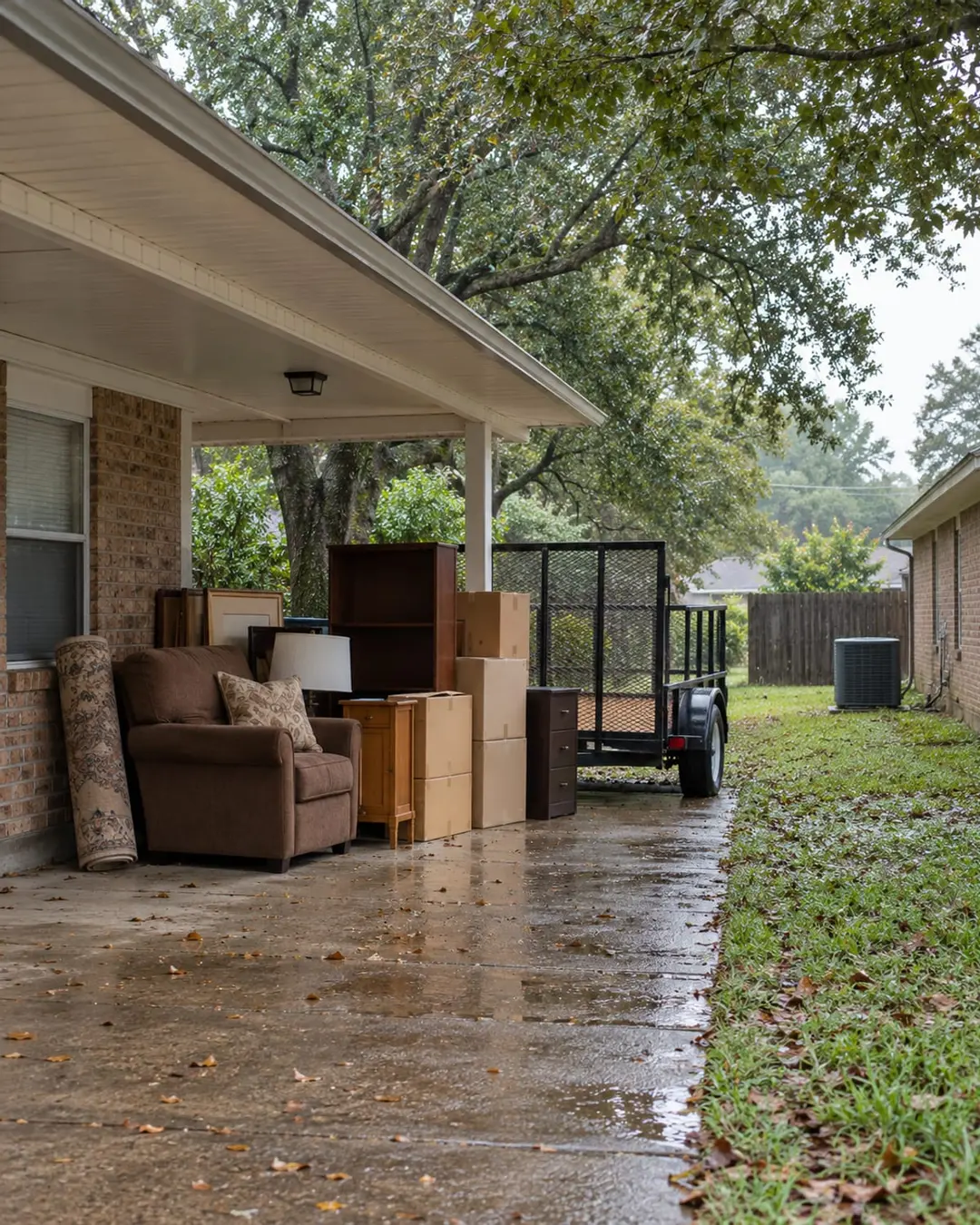 Armchair, boxes, and an unbranded trailer beside a damp carport
