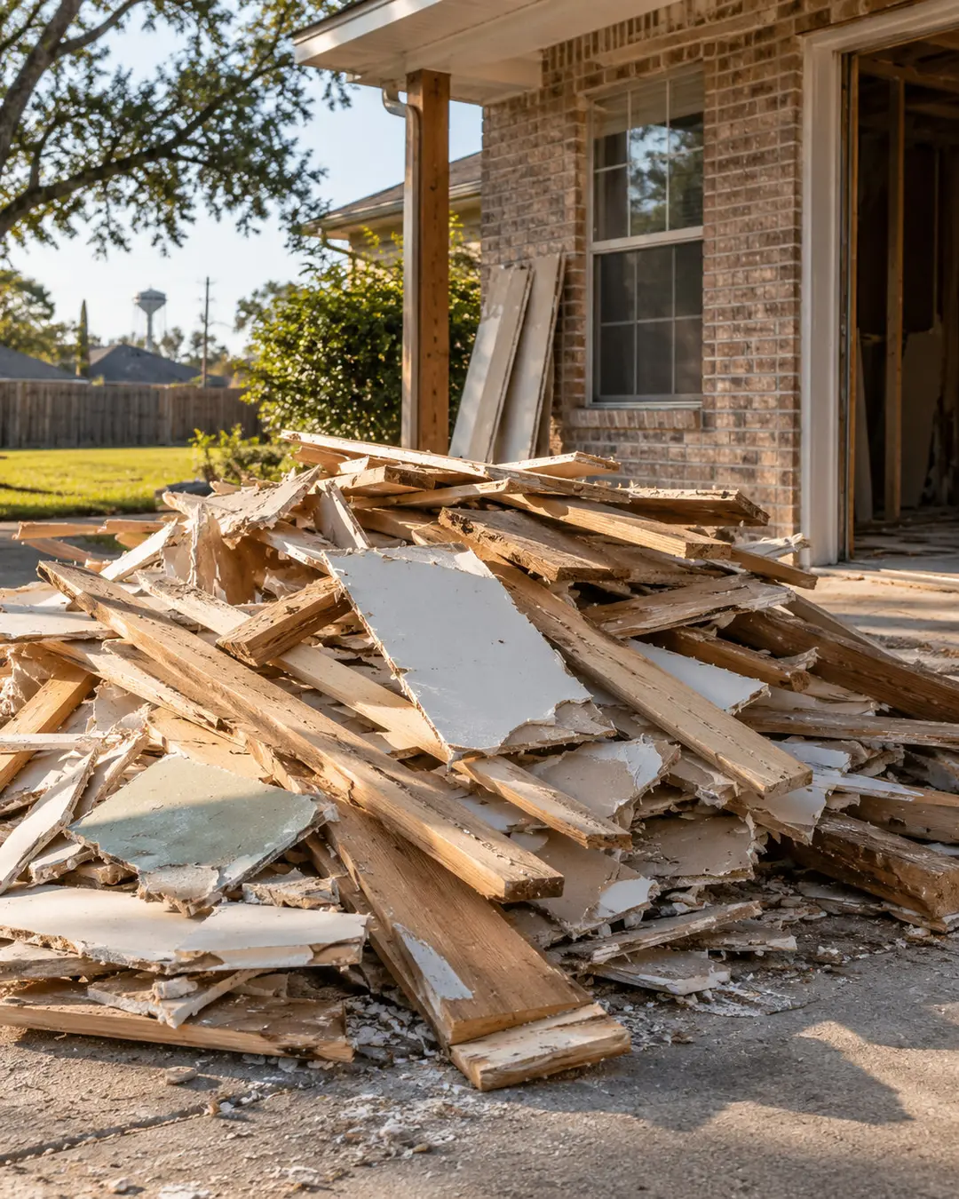 renovation debris at a property before removal