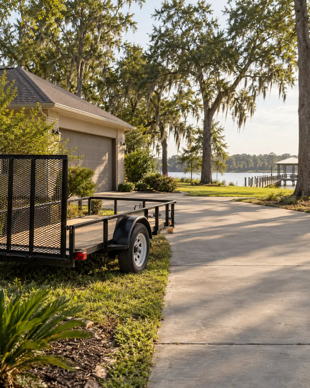 Unbranded trailer beside a cleared residential driveway in Orange